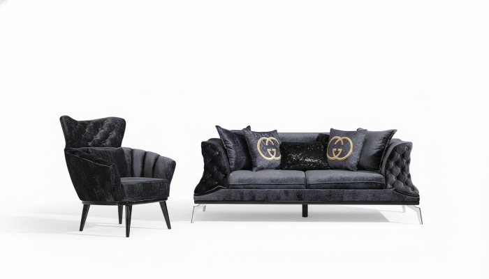 Canapé noir Chesterfield 3+1 places pour salon