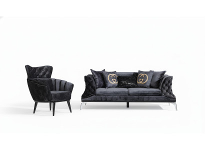 Canapé noir Chesterfield 3+1 places pour salon