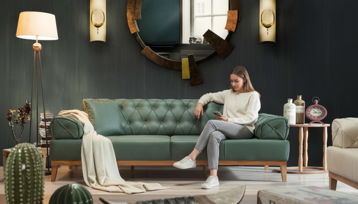 Canapé Chesterfield 3 places Trois places Vert Nouveau Tissu Bois 220cm