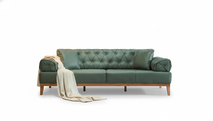 Canapé Chesterfield 3 places Trois places Vert Nouveau Tissu Bois 220cm