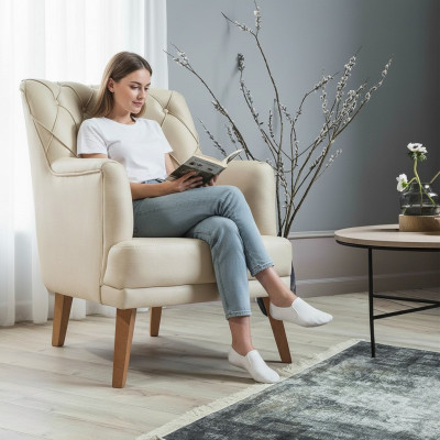 Salon Fauteuil Mobilier Moderne Tissu Lounge Textile Imitation cuir beige