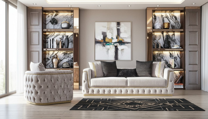 Ensemble de canapé Chesterfield luxueux 3 places + 1 siège en velours doré