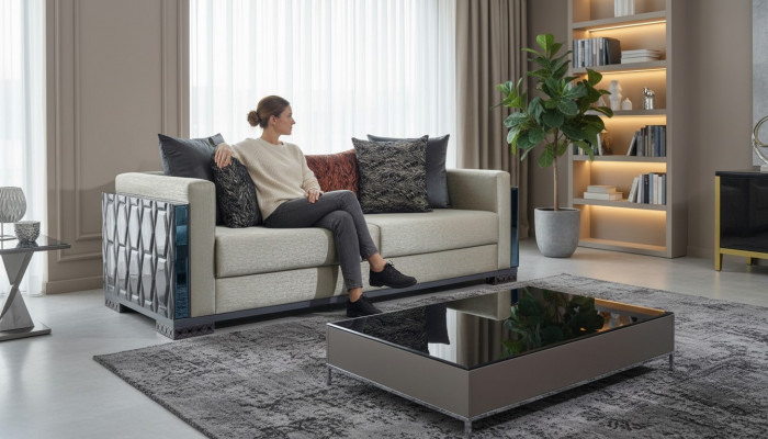 Canapé de luxe trois places Design de siège 3 places Siège brun Métal avec Textile