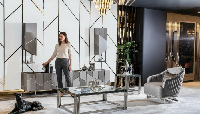 Meuble TV, fauteuil, table basse, table d'appoint - ensemble de 4 pièces pour salon, gris, neuf