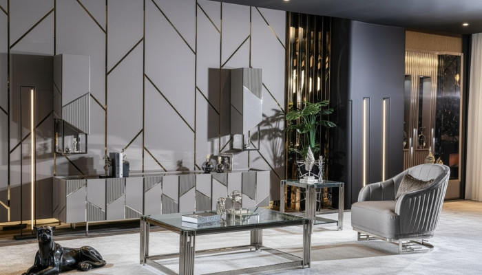 Meuble TV, fauteuil, table basse, table d'appoint - ensemble de 4 pièces pour salon, gris, neuf