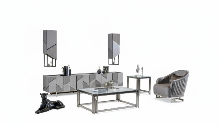 Meuble TV, fauteuil, table basse, table d'appoint - ensemble de 4 pièces pour salon, gris, neuf