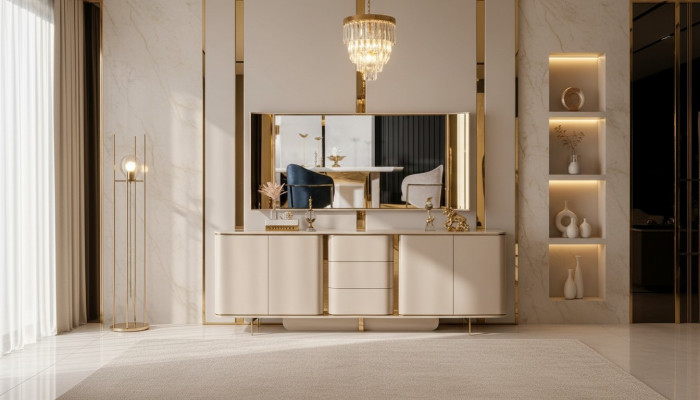 Buffet de salon Miroir Matériau Bois avec Métal Style Moderne Beige