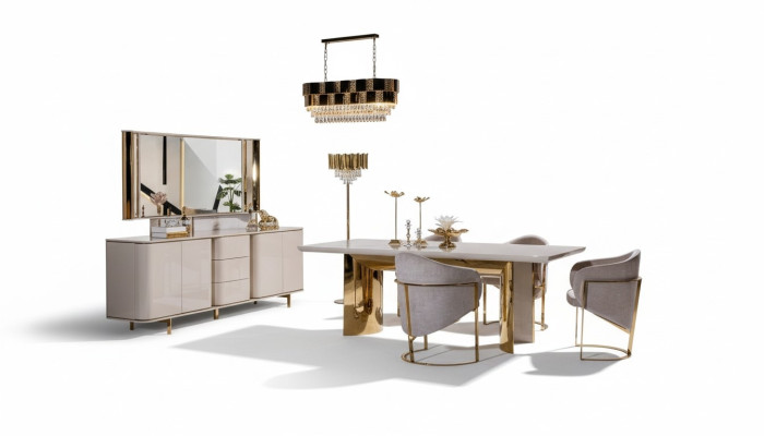 Salle à manger Table complète 4 chaises Buffet Miroir Ensemble 7 pièces Table à manger