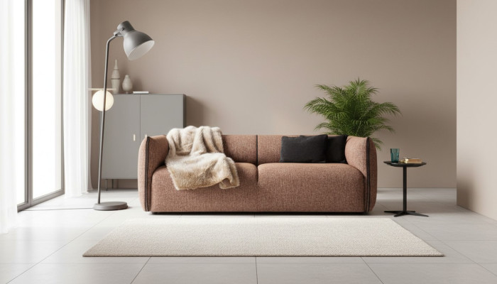 Canapé moderne 4 places en tissu marron de luxe nouvellement rembourré.