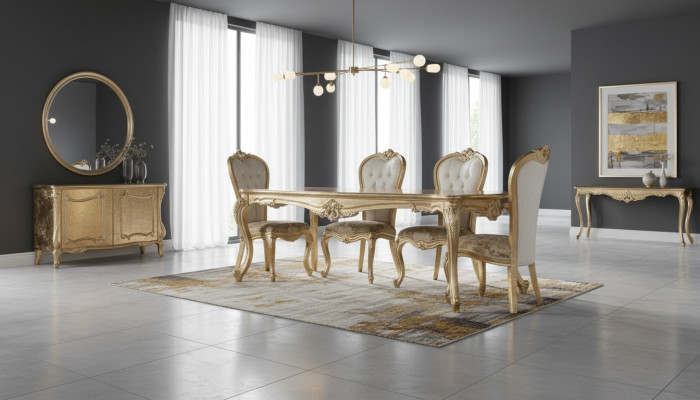 Salle à manger Table à manger Chaise Groupe Suite Ensemble Bois Table Tables Baroque Ensembles 5 pièces