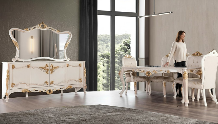 Suite de 7 pièces. Salle à manger Table de salle à manger Chaise Bahut Miroir Chaises de salle à manger Tables