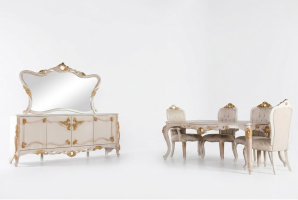 Suite de 7 pièces. Salle à manger Table de salle à manger Chaise Bahut Miroir Chaises de salle à manger Tables