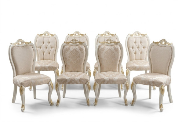 Ensemble de chaises de salle à manger en bois de luxe de style baroque, groupe de 8 chaises.
