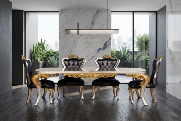Ensemble de 4 chaises de salle à manger de style baroque, luxueuses avec dossier.
