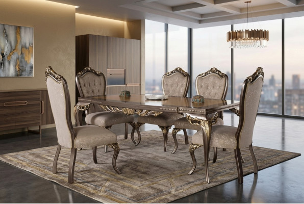Table de salle à manger classique en bois massif avec des décorations élaborées