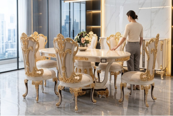 Chaise de salle à manger Chaise Chaises Bois Luxe Salle à manger Tissu Style Baroque Rococo