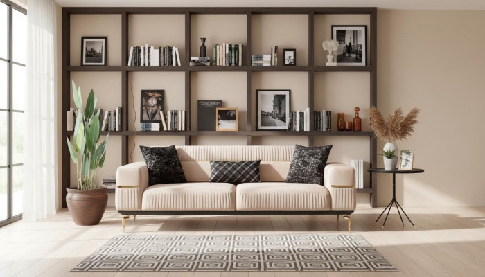 Canapé de luxe Design Trois places Canapé moderne Canapé beige Meubles Rembourrage Loft neuf