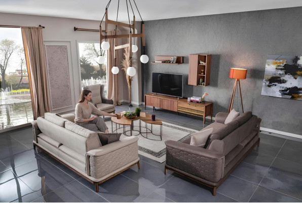 Ensemble de canapés de luxe Suite 3+3+1 places Canapé en tissu Fauteuil Canapés modernes marron