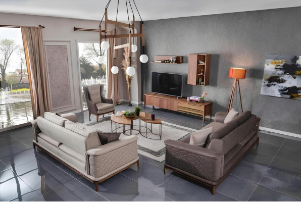 Ensemble de canapés de luxe Suite 3+3+1 places Canapé en tissu Fauteuil Canapés modernes marron