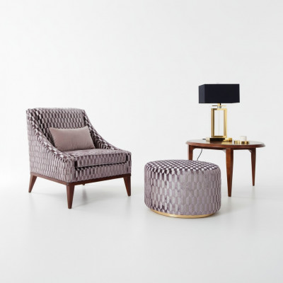 Suite Salon Fauteuil Table basse Tabouret Moderne Assise Tissu Bois Ensemble de 3 pièces