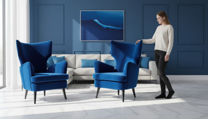 Fauteuil à ailes 1 place en tissu Luxury Living room Modern Bleu