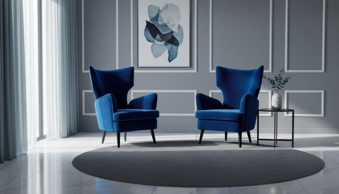 Fauteuil à ailes 1 place en tissu Luxury Living room Modern Bleu