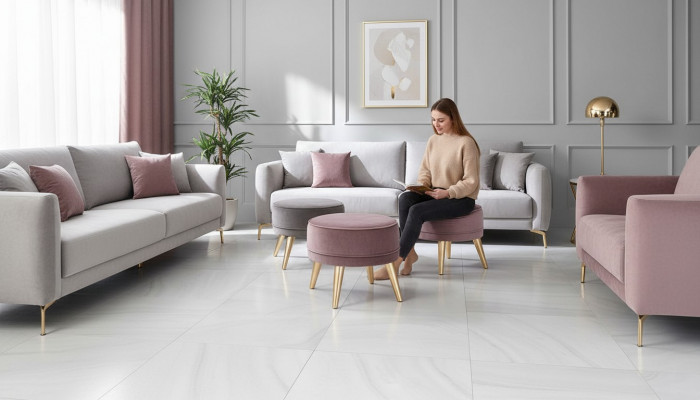 Tabouret Tabouret Ottoman Pouf Moderne Luxe Tissu Design Salon Rose Rond