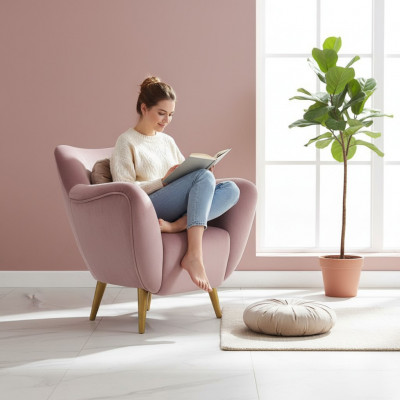 Fauteuil à oreilles Fauteuil 1 place Siège Tissu Luxe Salon Moderne Rose