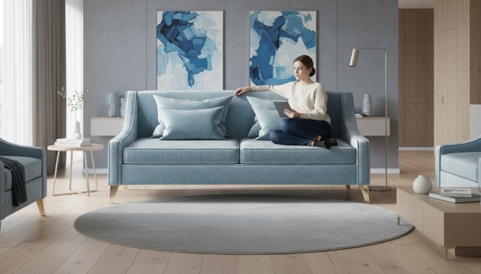 Canapé trois places en velours 3 Canapés en tissu Salon en polyester Moderne de luxe Bleu
