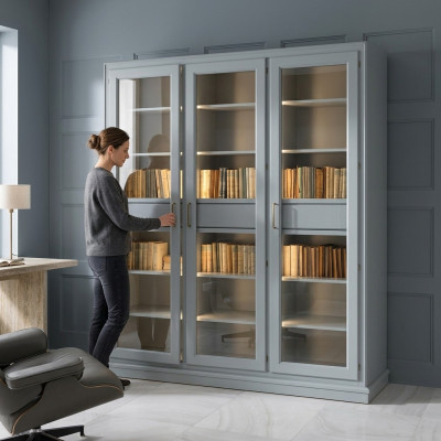 Étagère grise avec portes en verre - solution de rangement élégante pour votre collection de livres