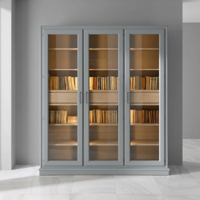 Étagère grise avec portes en verre - solution de rangement élégante pour votre collection de livres