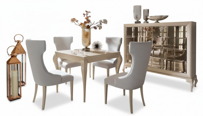 Salle à manger Table à manger Chaise Ensemble de salle à manger Coin repas Chaises Luxe Blanc Commode Ensemble de 6 pièces