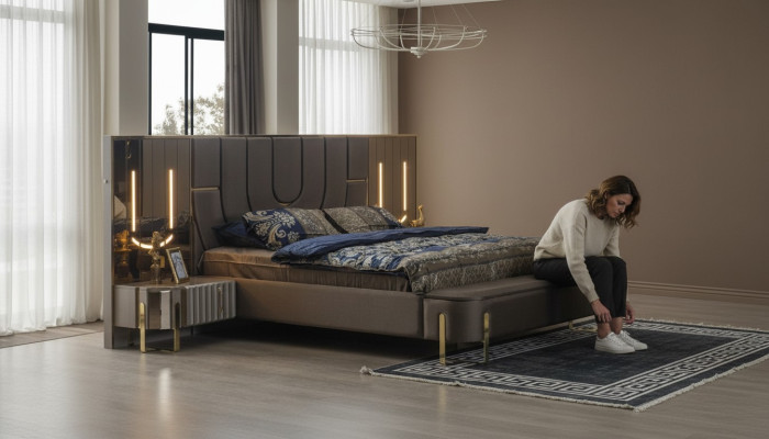 Lit de luxe Lits lit double moderne Cadre de lit marron Chambre à coucher neuf
