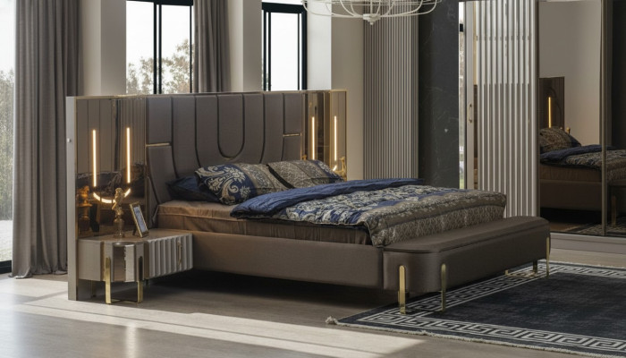 Lit de luxe Lits lit double moderne Cadre de lit marron Chambre à coucher neuf