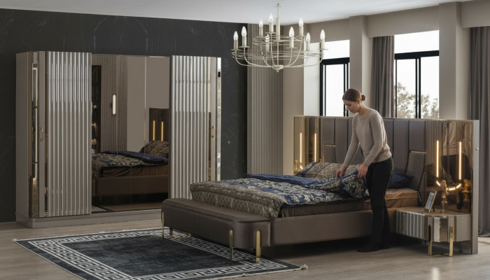 Chambre Suite Lit double Lit de luxe Moderne Marron Ensemble 4 pièces neuf