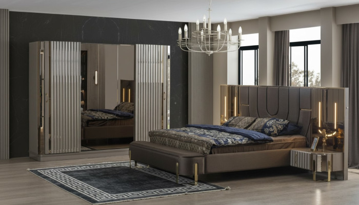 Chambre Suite Lit double Lit de luxe Moderne Marron Ensemble 4 pièces neuf
