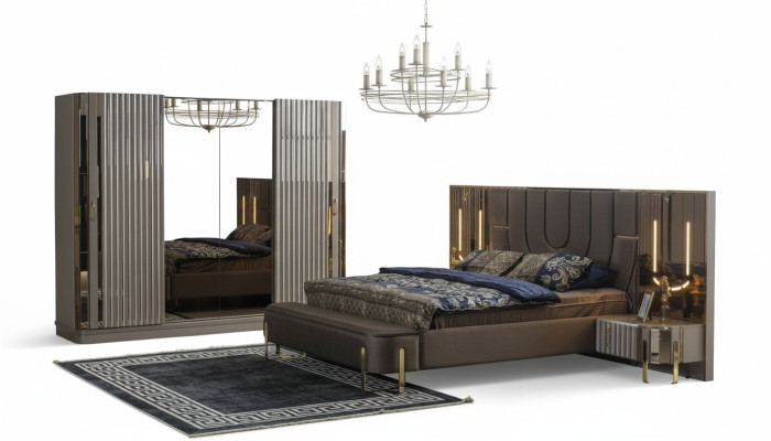 Chambre Suite Lit double Lit de luxe Moderne Marron Ensemble 4 pièces neuf