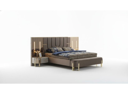 Lit double Suite Chambre Lit de luxe Moderne Marron Conception en 3 pièces