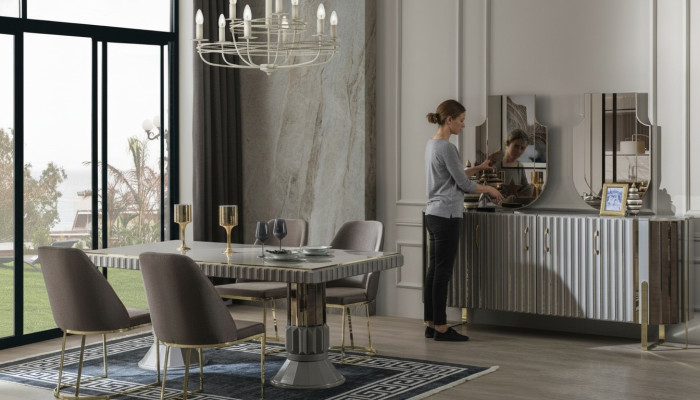 Ensemble de salle à manger Salle à manger Table à manger Suite Luxe Chaises Espace repas Gris 6 pièces
