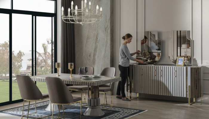 Ensemble de salle à manger de luxe moderne Salle à manger Table à manger Suite Chaises Espace repas Gris 5 pièces