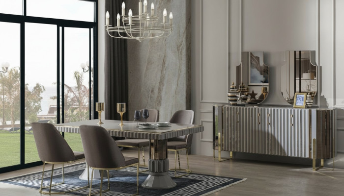 Ensemble de salle à manger de luxe moderne Salle à manger Table à manger Suite Chaises Espace repas Gris 5 pièces