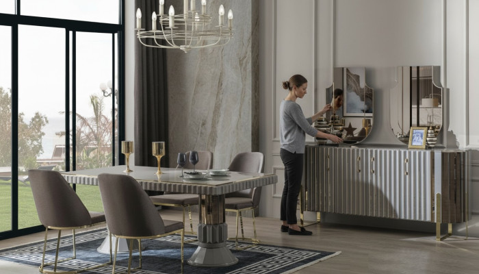 Suite Salle à manger Salle à manger Table à manger Chaises de luxe Espace repas Gris 7 pièces