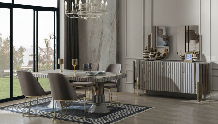 Suite Salle à manger Salle à manger Table à manger Chaises de luxe Espace repas Gris 7 pièces