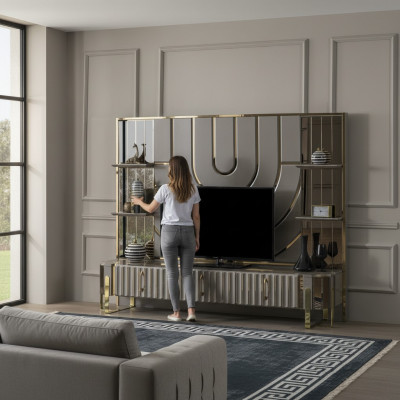 Meuble TV Meuble TV Bas Sideboard Salon Or Gris Luxe Bois nouveau