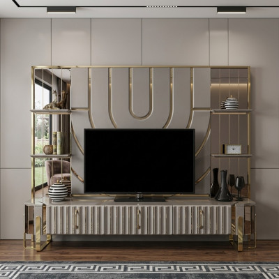 Meuble TV Meuble TV Bas Sideboard Salon Or Gris Luxe Bois nouveau