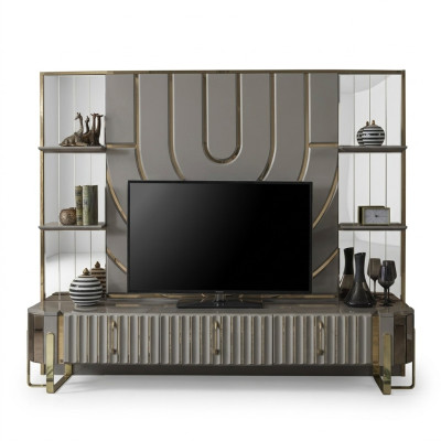 Meuble TV Meuble TV Bas Sideboard Salon Or Gris Luxe Bois nouveau