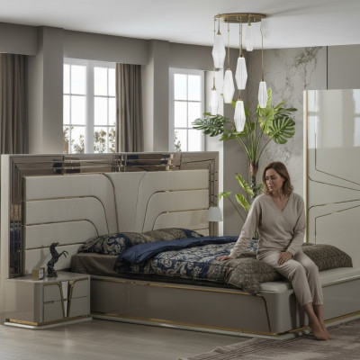 Chambre Suite Lit double Lit de luxe Moderne Beige Ensemble 3 pièces neuf