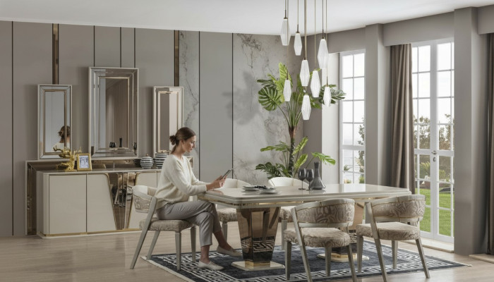 Luxus-Esstisch Esszimmer Esstisch Garnitur Stühle Essbereich Beige 6 Stück
