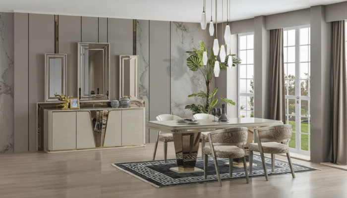 Luxus-Esstisch Esszimmer Esstisch Garnitur Stühle Essbereich Beige 6 Stück