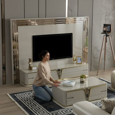 Meuble TV Meuble télé Lowboard Buffet Salon Or Beige Luxe Bois nouveau.